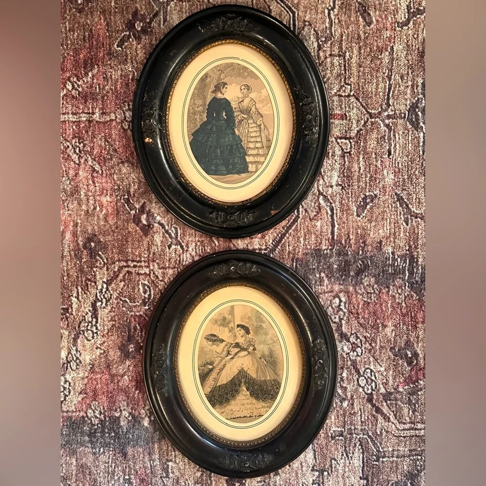 Antique Black Oval Carved Wood Frames with Vintage Victorian Lady Prints